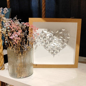 Handmade print - small oak frame - small silver butterflies in heart