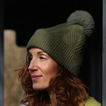 Load image into Gallery viewer, Charlotte herringbone bobble hat - moss green