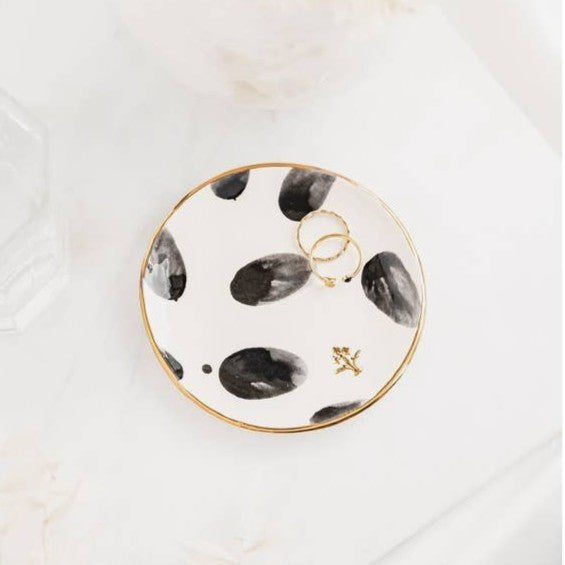 Circle ceramic trinket dish - black spots & gold flower motif ...