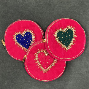 Round velvet beaded heart coin purses
