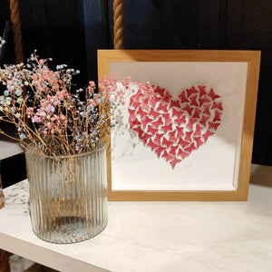 Handmade print - small oak frame - lots of tiny dark pink butterflies in heart shape