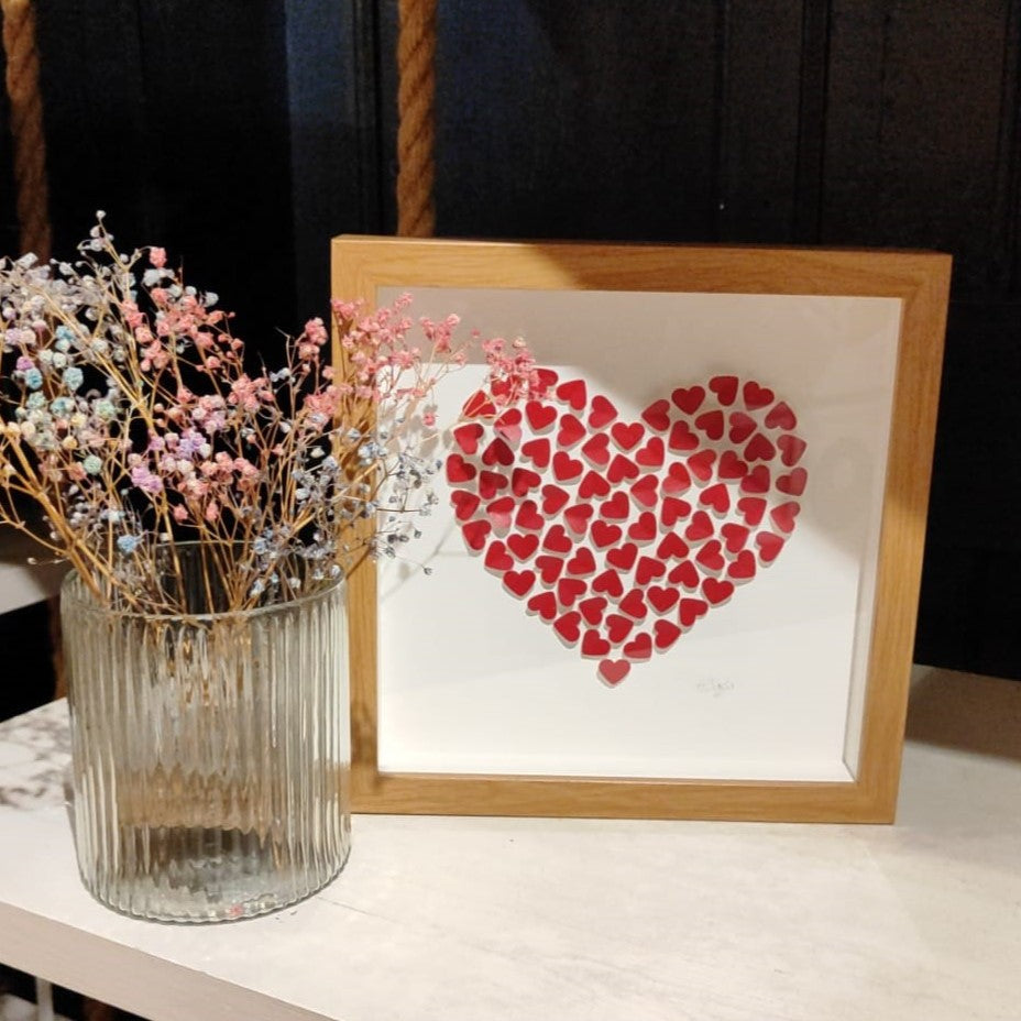 Handmade print - small oak frame - lots of tiny red hearts in heart shape