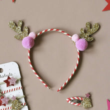 Load image into Gallery viewer, Stripy pom pom reindeer headband
