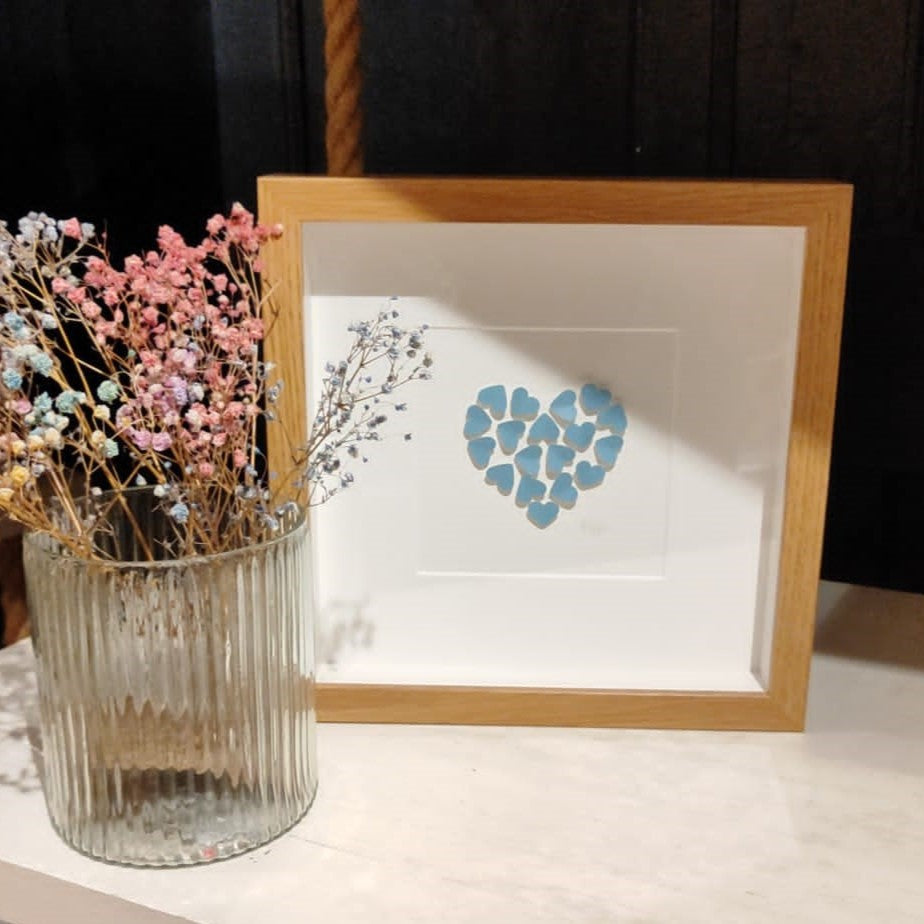 Handmade print - small oak frame - medium blue hearts in heart shape