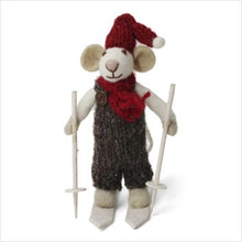 Load image into Gallery viewer, White boy mouse with brown trousers on skis - small
