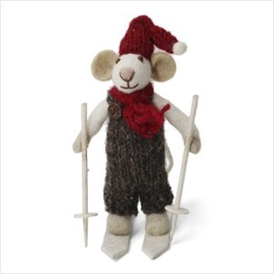 White boy mouse with brown trousers on skis - small