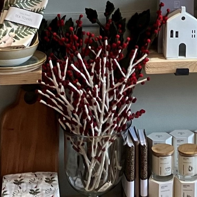 Christmas dec - white branch with dark red berries