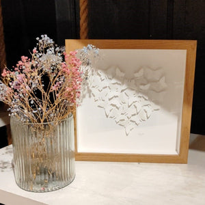 Handmade print - small oak frame - medium white butterflies in heart shape