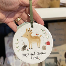 Load image into Gallery viewer, Xmas dec - baby's 1st Christmas reindeer & rabbit ceramic dec