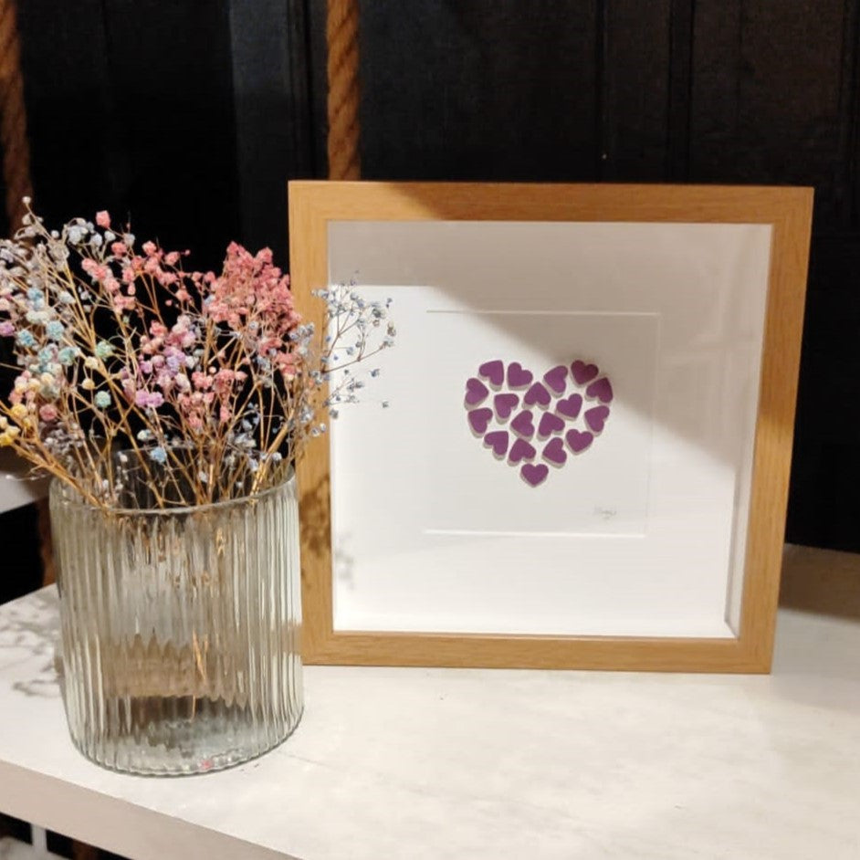 Handmade print - small oak frame - medium purple hearts in heart shape