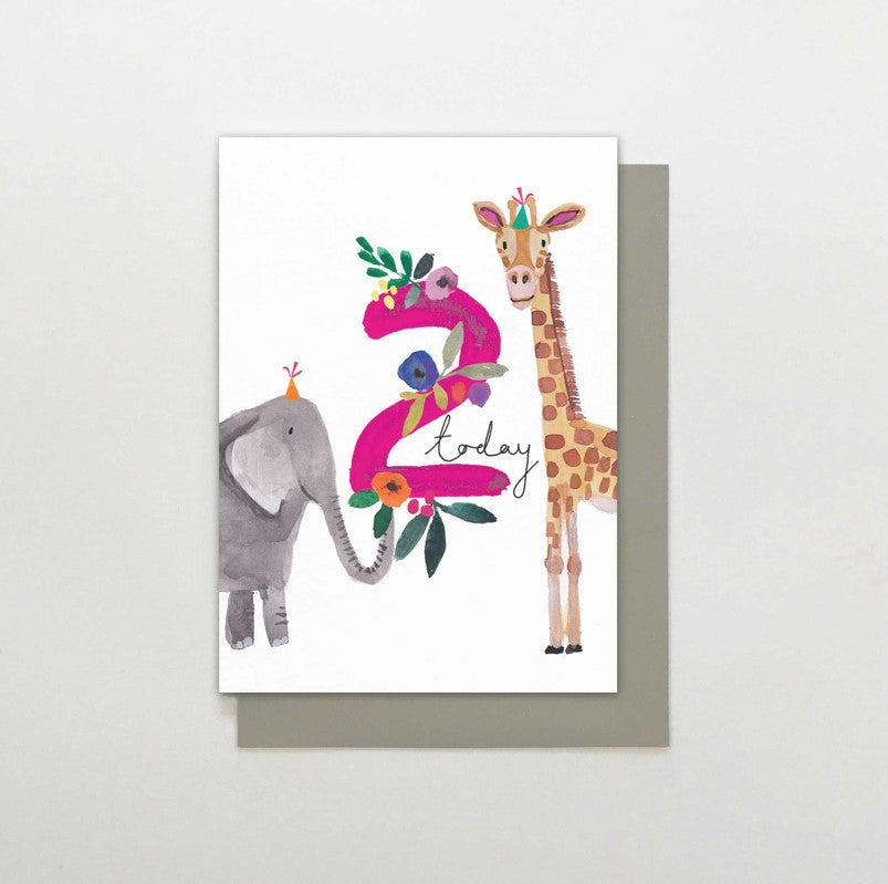 2 today elephant & giraffe pink birthday card