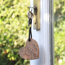 Load image into Gallery viewer, This gorgeous marbled cork heart keyring would make a lovely gift! Perfect gift for numerous 'romantic' occasions. As well as a good gift or accessory, it's tactile and practical, water proof and made from a sustainable, natural, renewable material.