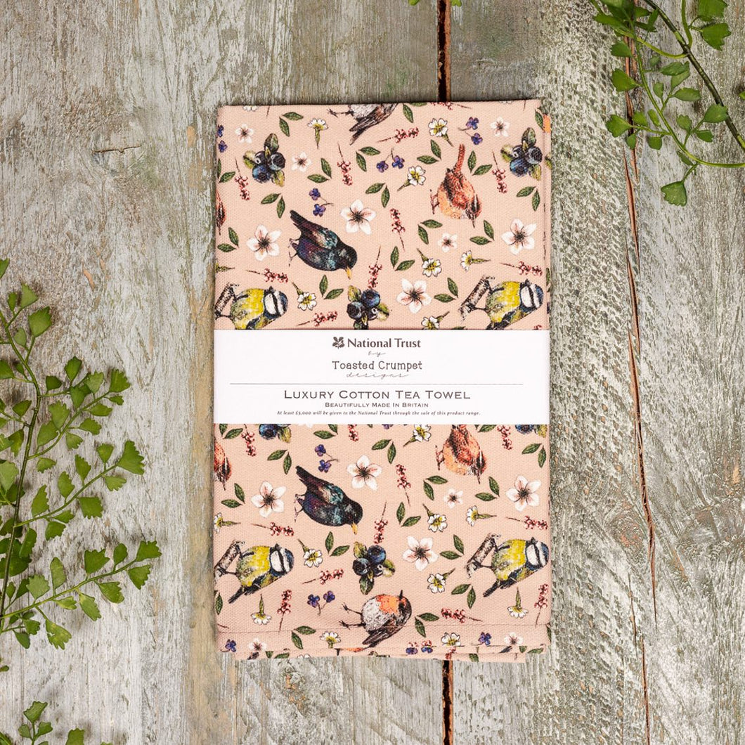 Garden birds - pink blush - tea towel