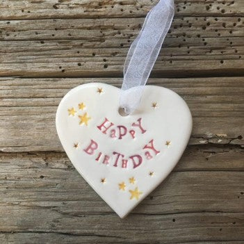 Happy birthday handmade ceramic hanging heart