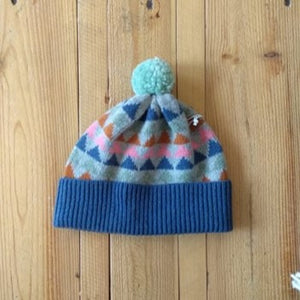 Lambswool hat - triangles - grey/pink - green pompom