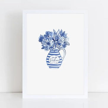 Just add sunshine - indigo stripy jug with flowers framed print
