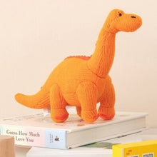 Load image into Gallery viewer, Knitted mini diplodocus rattle - orange
