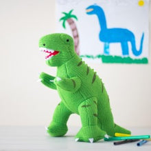 Load image into Gallery viewer, Knitted cotton mini T-rex rattle - green