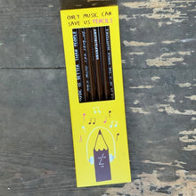 Load image into Gallery viewer, Featuring the wry witticisms of 'Sharp&Blunt', these 'only music can save us' pencils are a great way to start your own literary masterpiece!