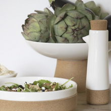 Load image into Gallery viewer, A white contemporary oil and balsamic vinegar dispenser bottle would look stylish in any kitchen. Made from pottery & cork