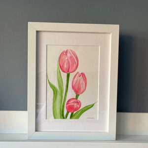 Trio of tulips original watercolour framed painting