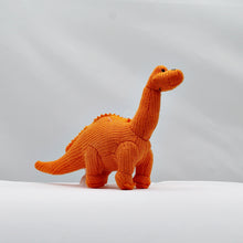 Load image into Gallery viewer, Knitted mini diplodocus rattle - orange