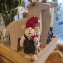 Load image into Gallery viewer, Xmas decs - white mouse w/ green trousers &amp; ski - small
