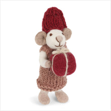 Load image into Gallery viewer, Xmas decs - white mouse w/ dusty red dress &amp; present - small
