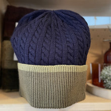 Load image into Gallery viewer, Matty cable beanie hat - navy with khaki turn-up
