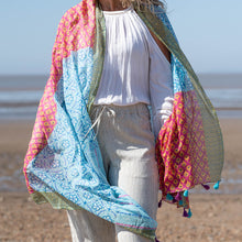 Load image into Gallery viewer, Multi block print scarf - blue, red &amp; green
