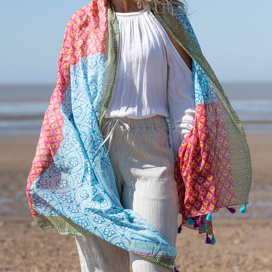 Multi block print scarf - blue, red & green