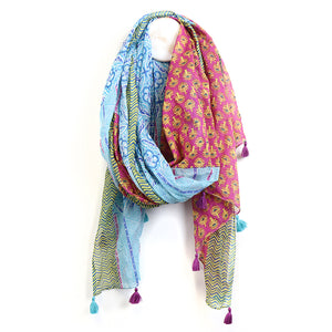 Multi block print scarf - blue, red & green