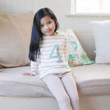 Load image into Gallery viewer, Biscuit &amp; white Breton striped number t-shirt (green)
