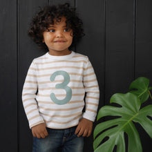 Load image into Gallery viewer, Biscuit &amp; white Breton striped number t-shirt (green)
