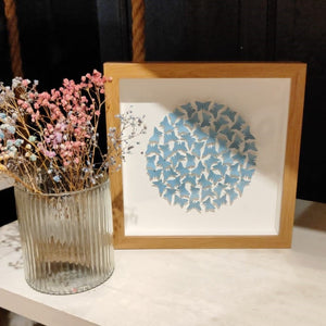 Handmade print - small oak frame - lots of tiny blue butterflies in circle heart shape