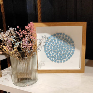 Handmade print - small oak frame - lots of tiny blue hearts in circle heart shape