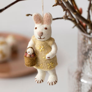 Hanging dec - white bunny with yellow dress & egg basket