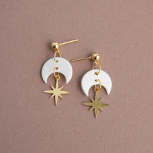 Load image into Gallery viewer, Celestial star drop earrings in pearly white - gold
