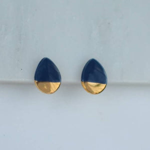 Dark blue teardrop shape ceramic studs - gold