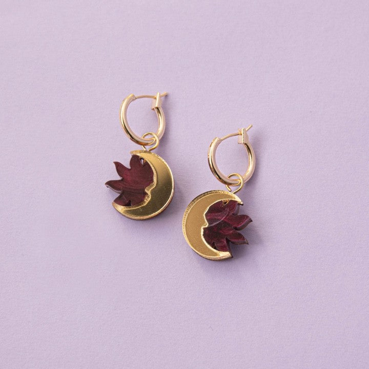 Daydream sun & moon hoop earrings - merlot red & gold