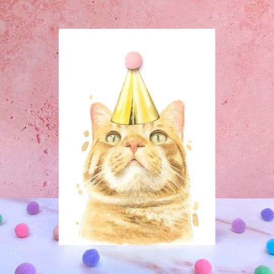 Ginger tabby cat pompom birthday card