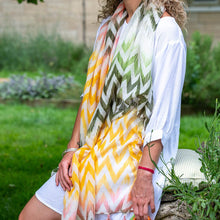 Load image into Gallery viewer, Chevron ikat scarf - green/peach/yellow
