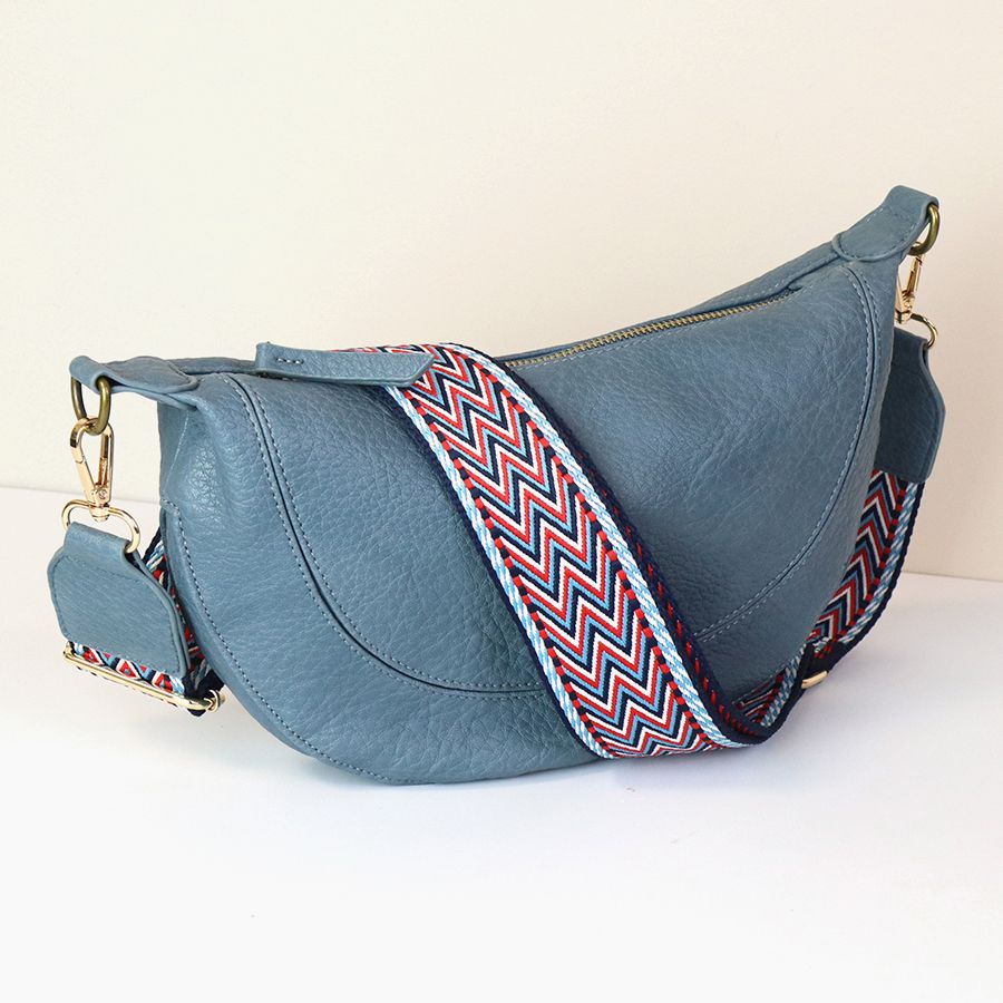 Vegan leather half moon bag with zig-zag strap - denim blue