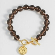 Load image into Gallery viewer, Hammered disc chunky smoky quarts t-bar bracelet - gold
