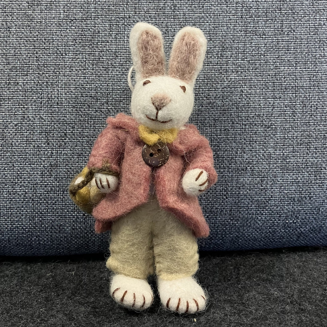 Hanging dec - white bunny with pink jacket & egg basket