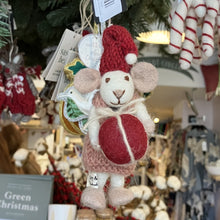 Load image into Gallery viewer, Xmas decs - white mouse w/ dusty red dress &amp; present - small
