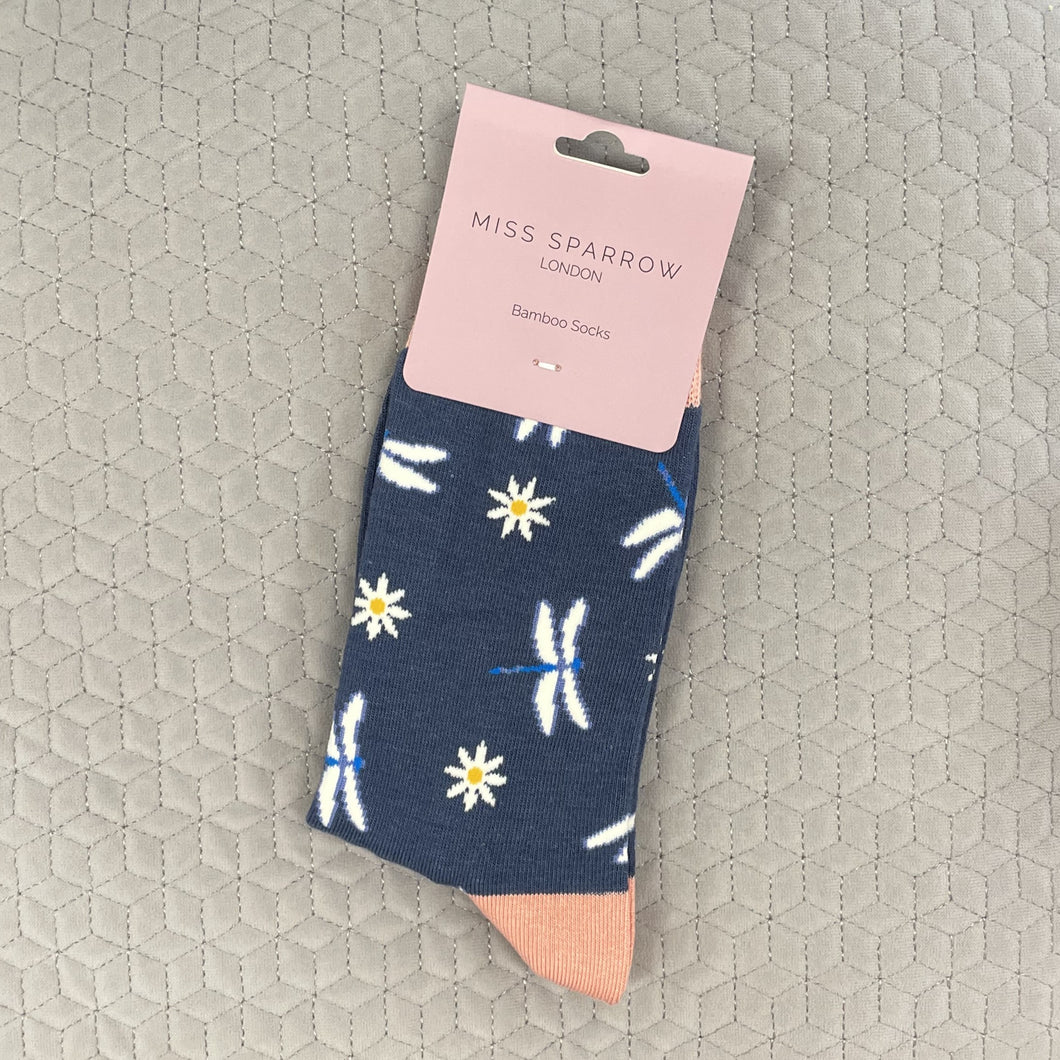 Dragonflies & daisies socks - navy