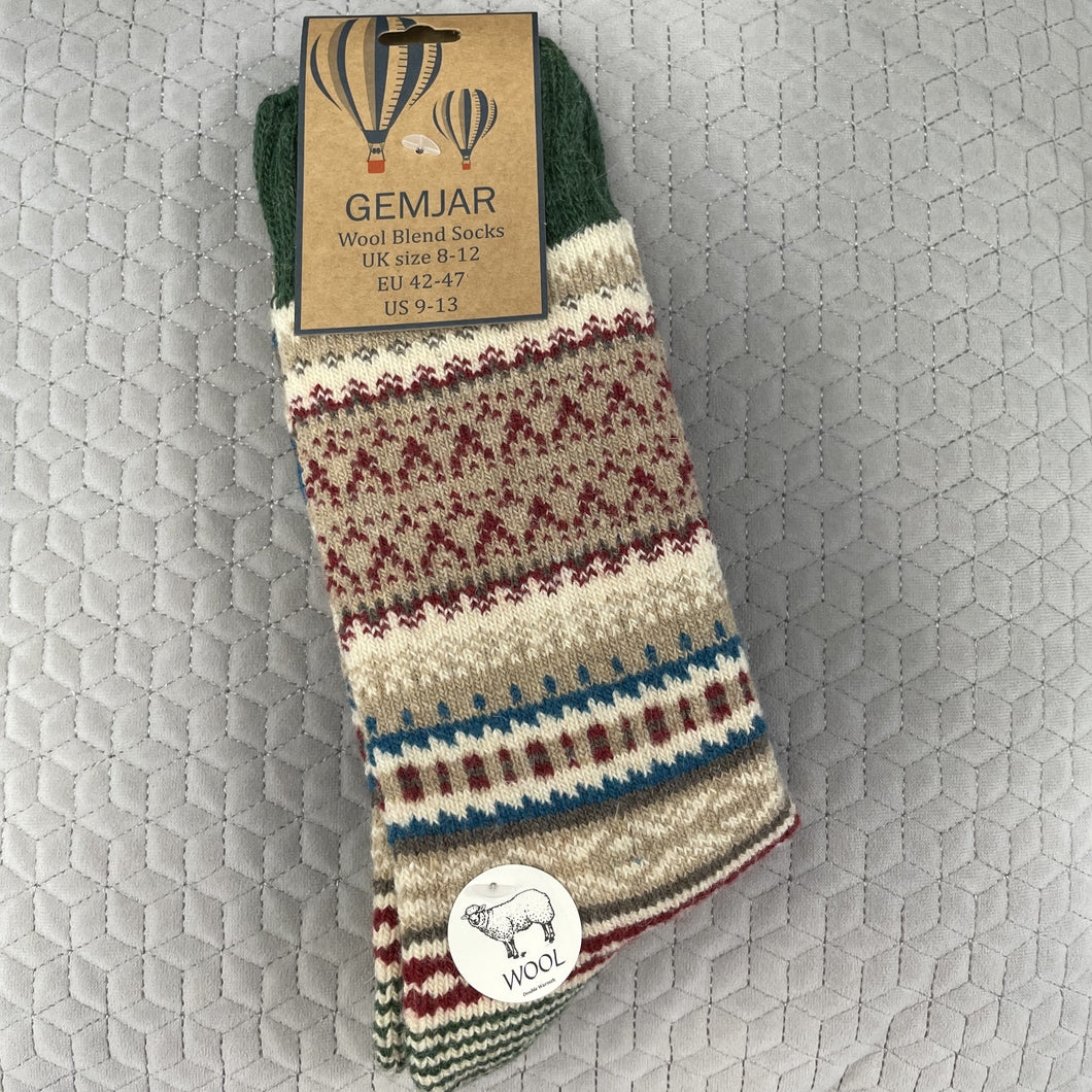 Nordic patterned wool blend socks - cream, blue & green