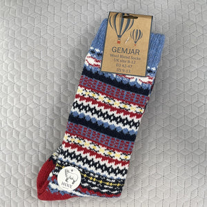 Nordic patterned wool blend socks - blue & burgundy