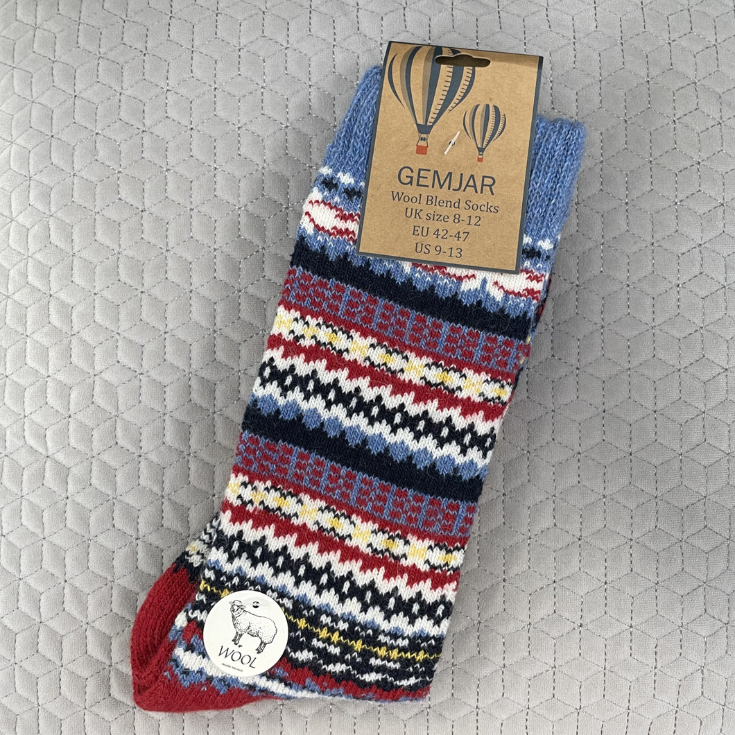 Nordic patterned wool blend socks - blue & burgundy